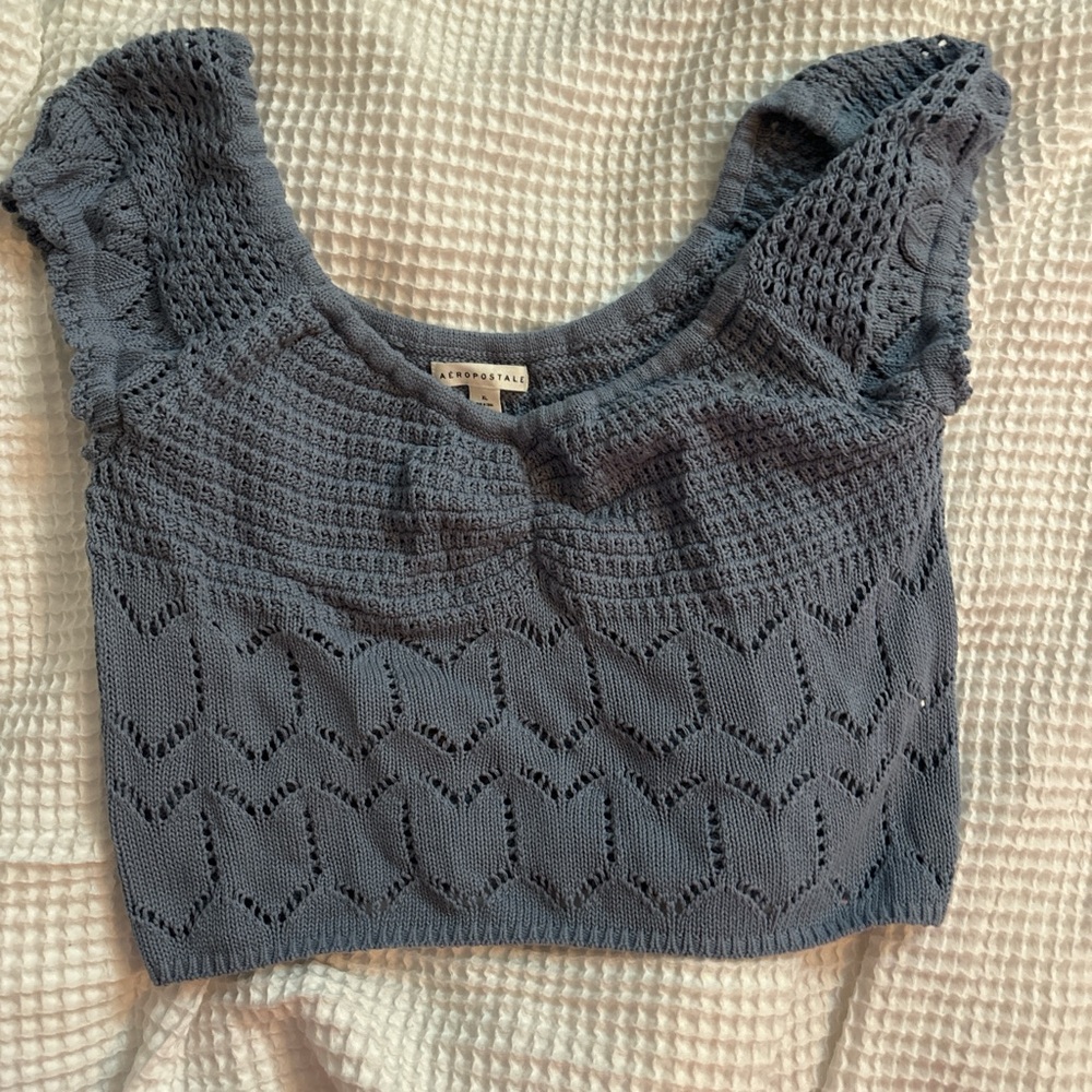 Aeropostale Blue Cropped Ribbed Blouse with Cap Sleeves